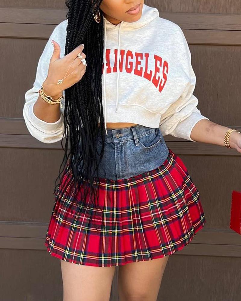 

Denim Patchwork Plaid Print Pleated Skirt, Red