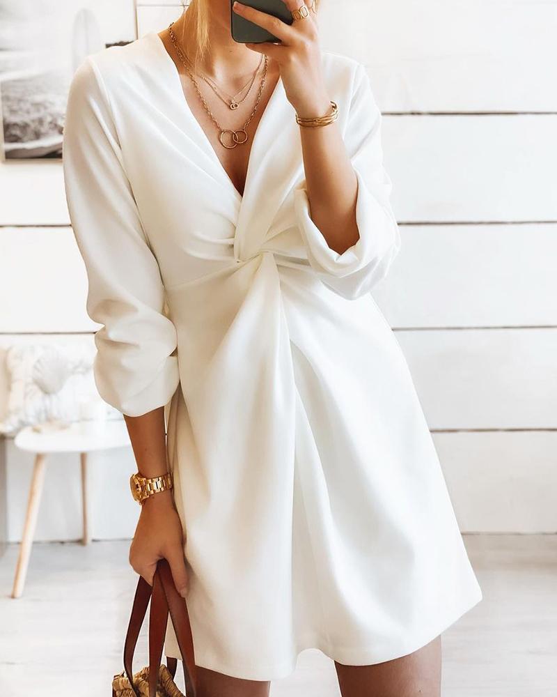 

Twisted Front Long Sleeve Casual Dress, White