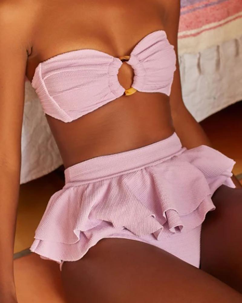 

Bandeau O-Ring Ruffles Bikini Set, Pink