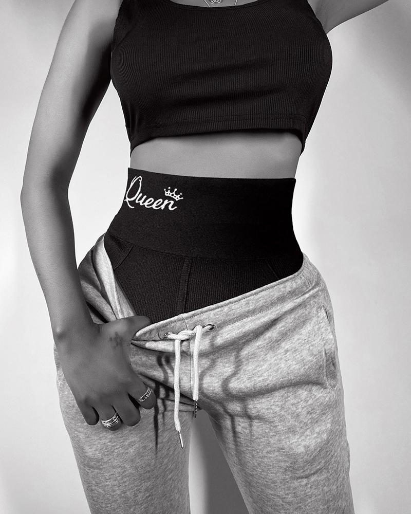 

Letter Crown Print High Waist Yoga Panty Underpants, Black