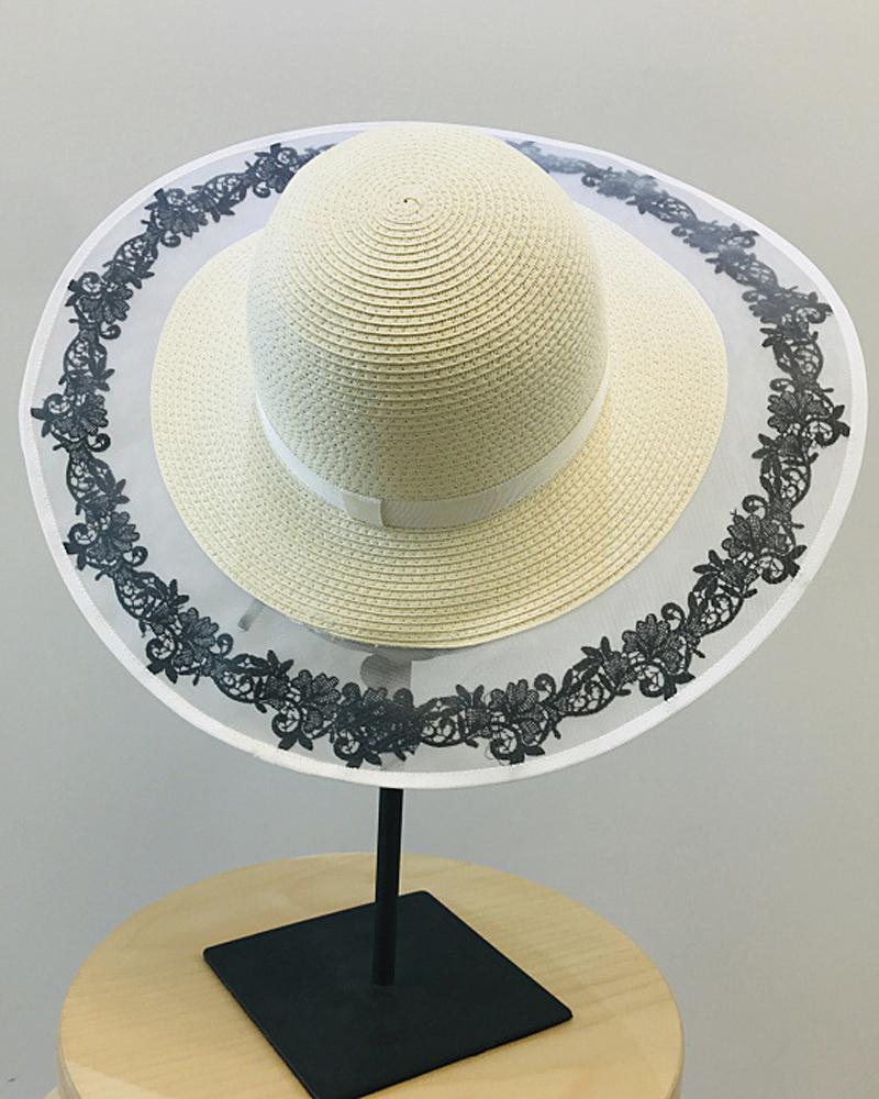 

Contrast Mesh Lace Patch Straw Hat, White