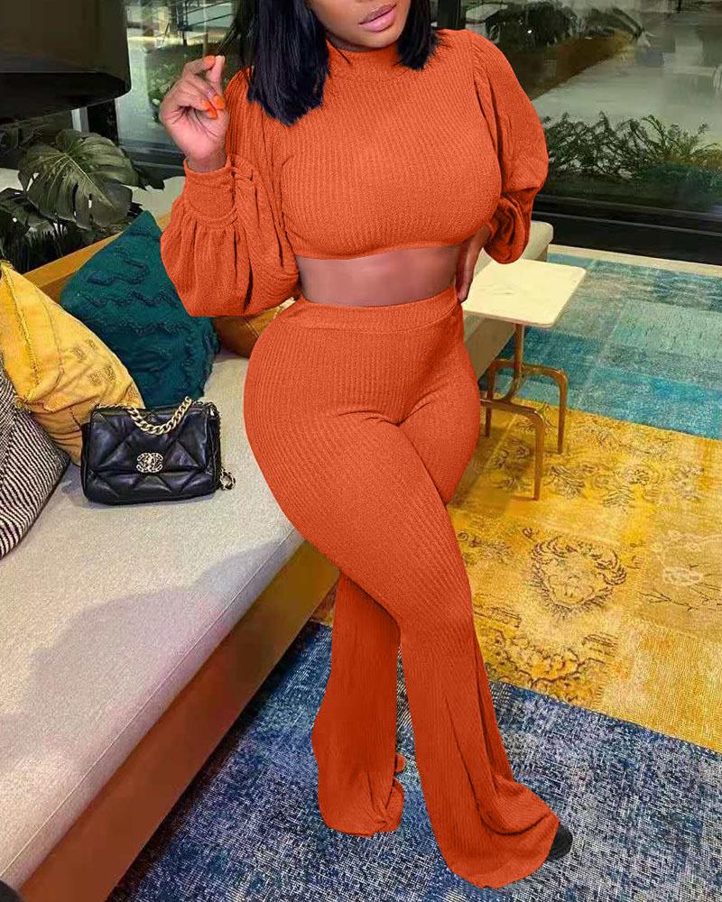 

Rib-Knit Lantern Sleeve Crop Top & Bootcut Pants Set, Orange
