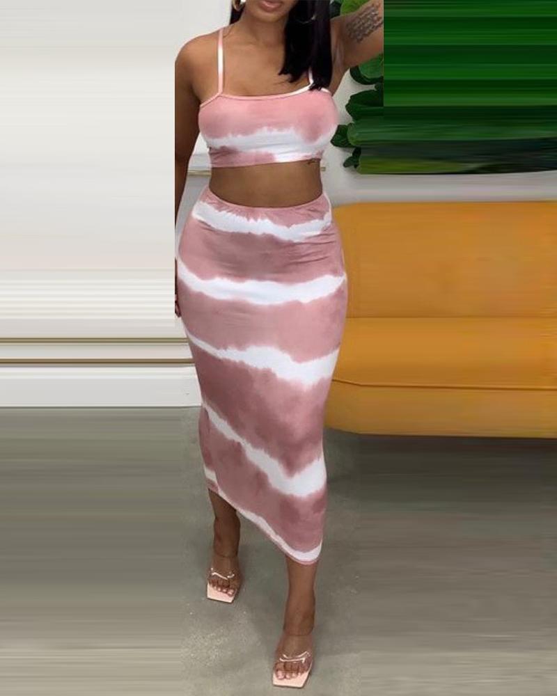 

Tie Dye Print Crop Cami Top & High Waist Skirt Set, Pink