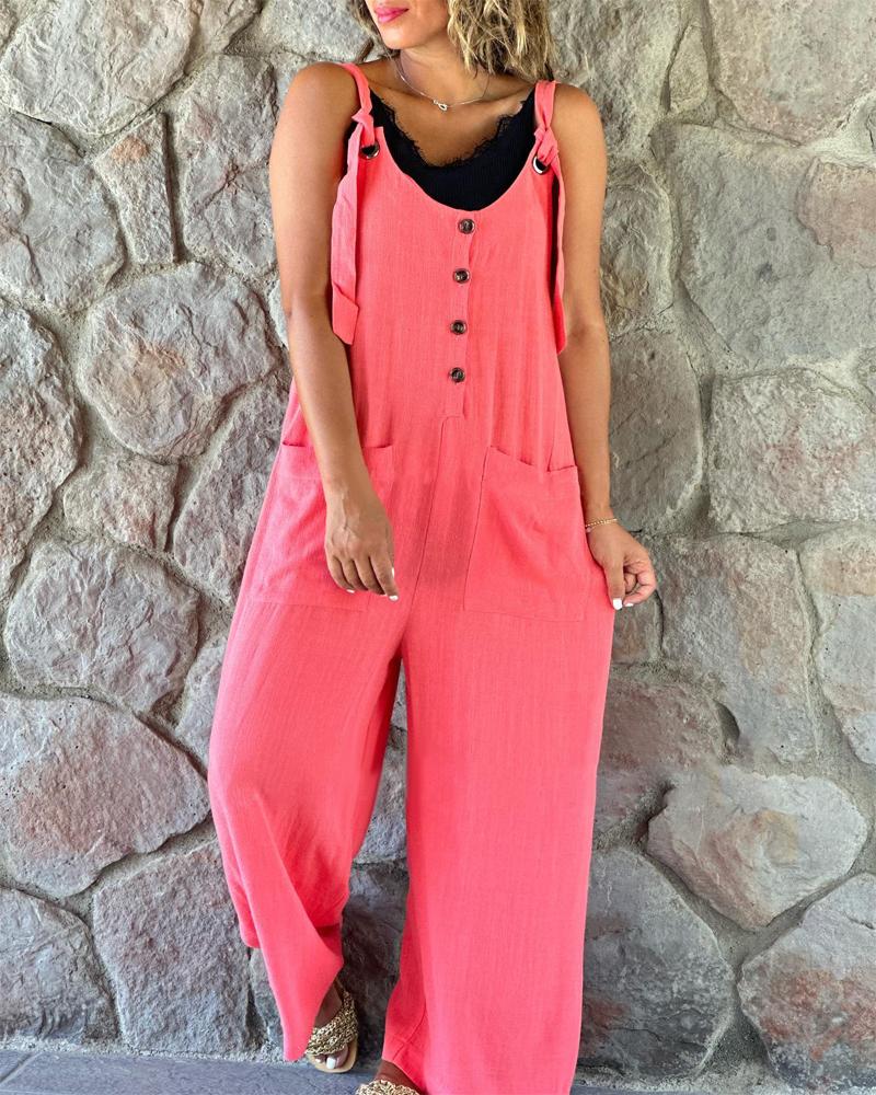 

Button Front Patch Pocket Suspender Jumpsuit, Pink