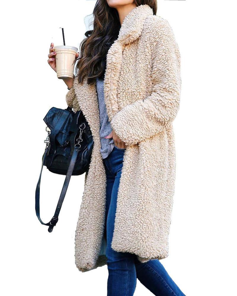 

Long Sleeve Longline Casual Teddy Coat, Apricot