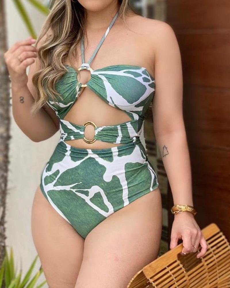 

Colorblock O-Ring Halter Cutout One Piece Swimsuit, Green
