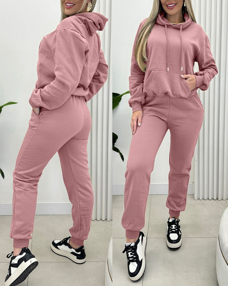 

2PCS Kangaroo Pocket Design Lined Hoodie & Cuffed Sweatpants Set, Pink