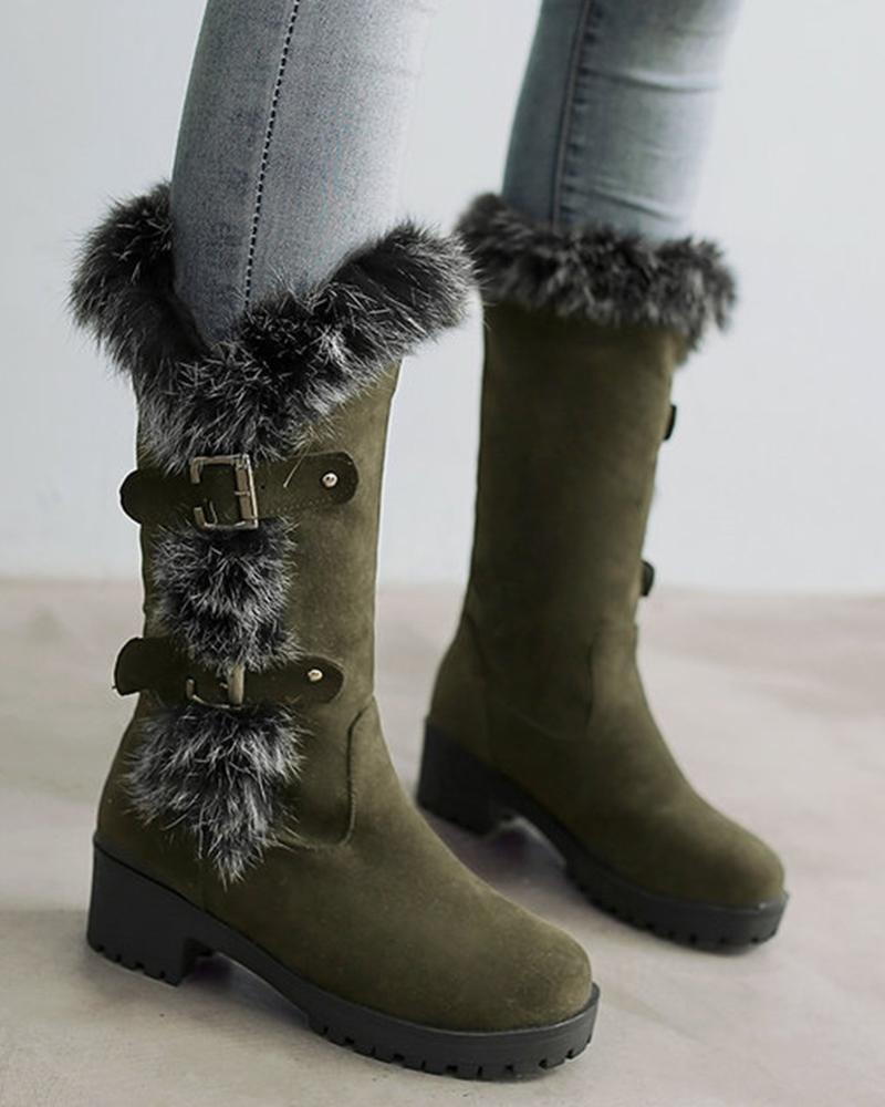 Fuzzy Detail Buckled Lined Calf Snow Boots