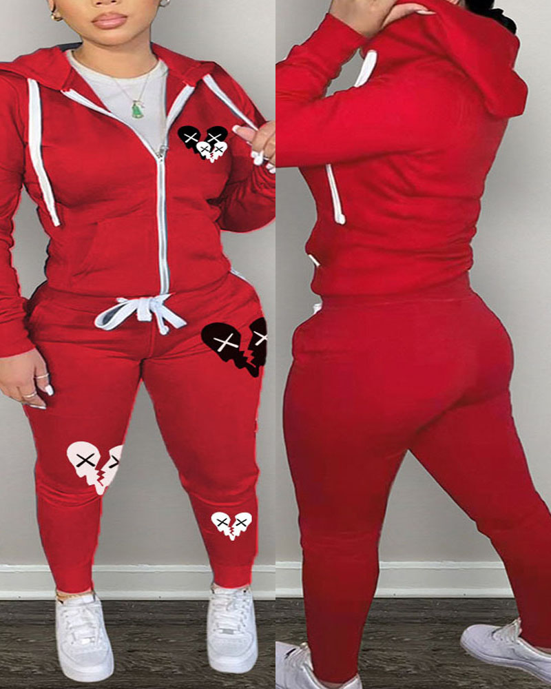 

Plus Size Heart Print Hooded Zip Up Top & Pants Set, Red