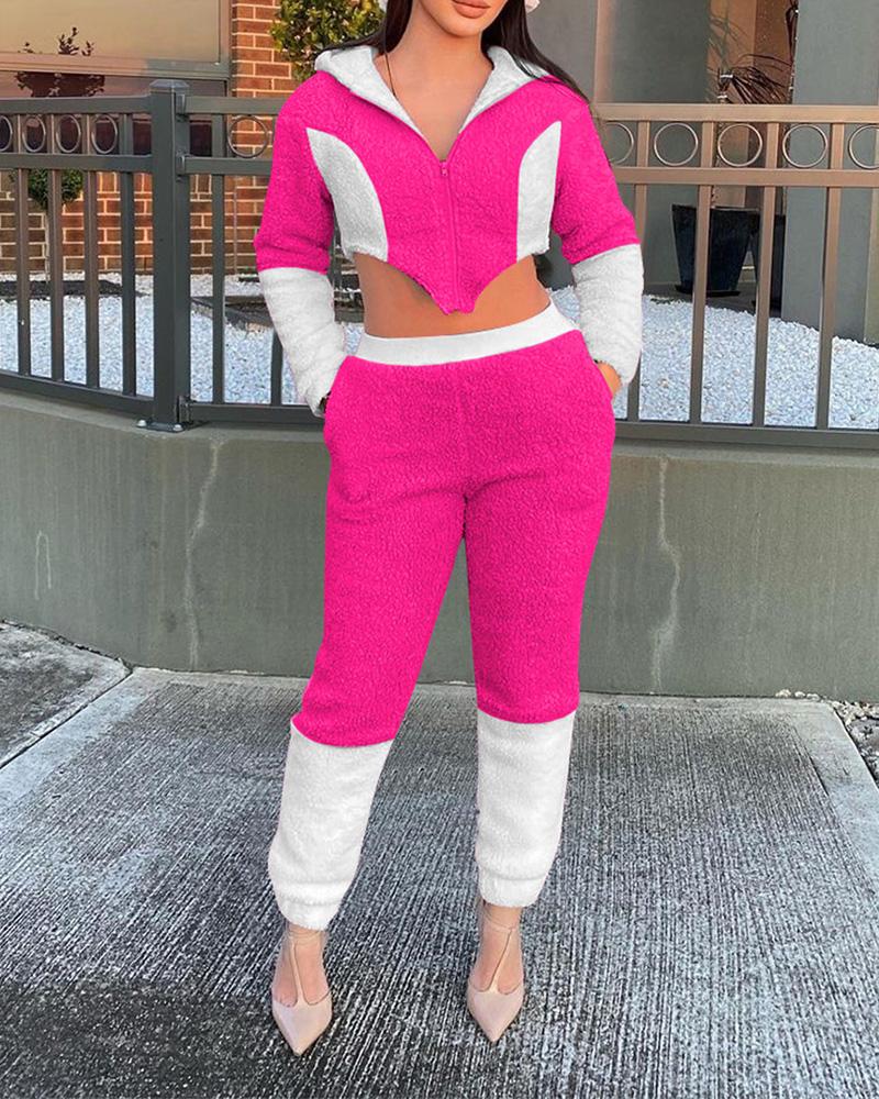 

Colorblock Asymmetrical Hooded Teddy Coat & Pocket Design Pants Set, Hot pink