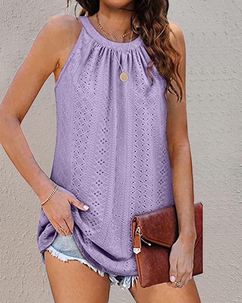 

Eyelet Embroidery Ruched Casual Tank Top, Purple