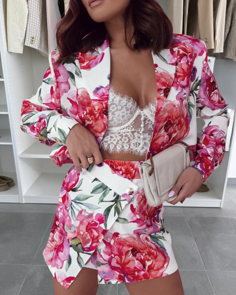 

Conjunto de 2 peças, blazer com estampa floral, gola virada para baixo, manga comprida e shorts assimétricos casuais, Red