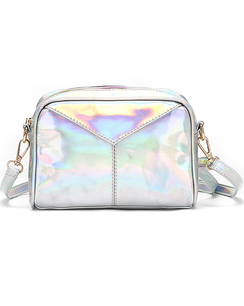 

Shiny Holographic Waterproof Zipper Square Cell Phone Change Shoulder Bag, Silver