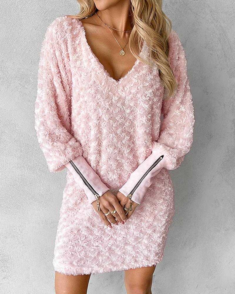 

Vestido casual felpudo com estampa floral e decote em V, Pink