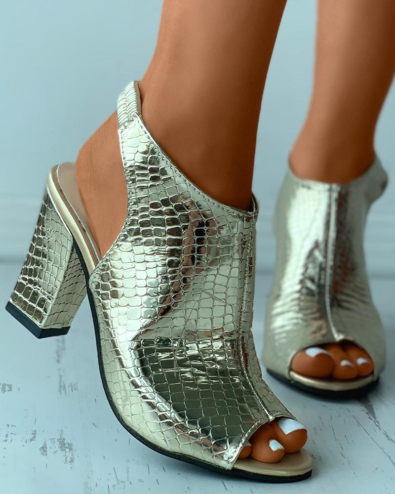 

Croc Embossed Peep Toe Chunky Heels, Gold