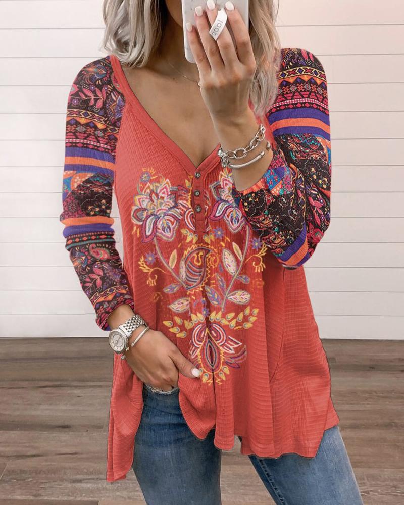 

Tribal Print Button Front Long Sleeve Top, Red