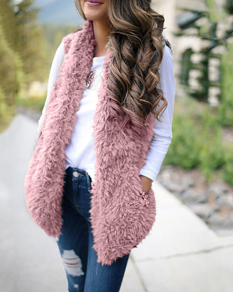 

Open Front Teddy Vest Coat, Pink