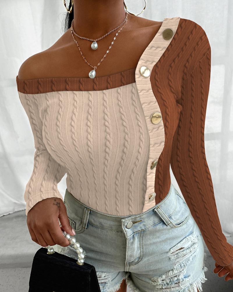 

Colorblock Buttoned Cable Textured Top, Brown