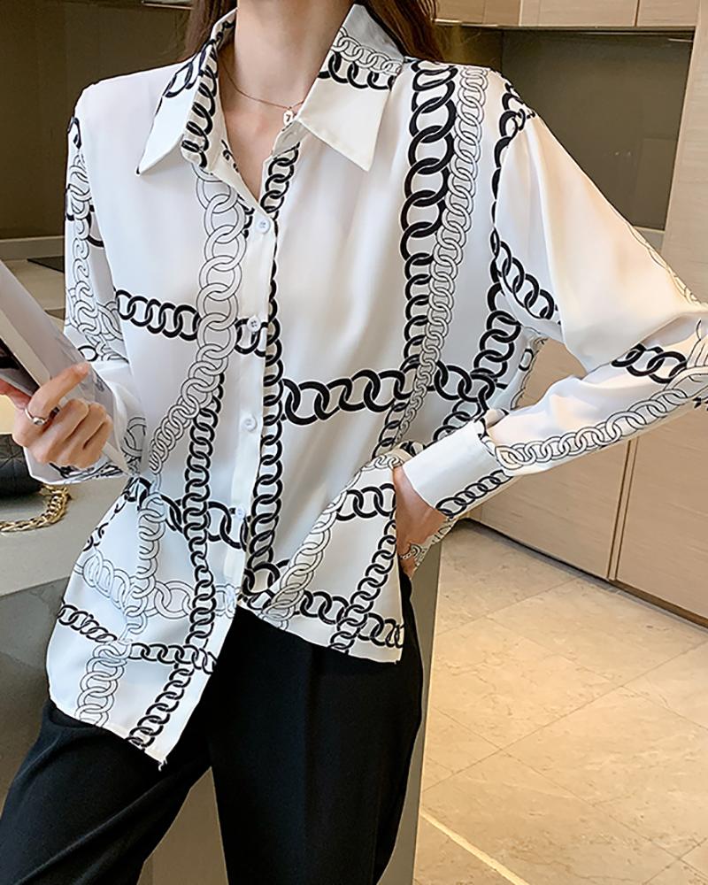 

Chain Print Button Decor Long Sleeve Work Top, White