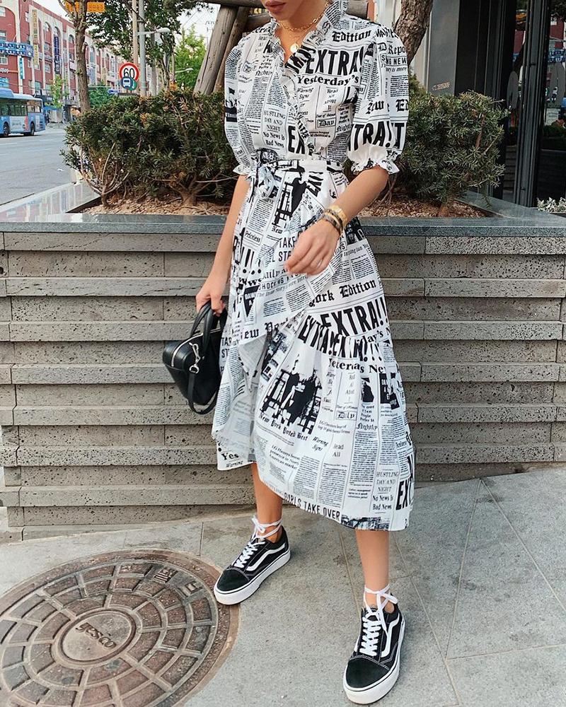

Newspaper Print Puffed Sleeve Slit Casual Dress, White