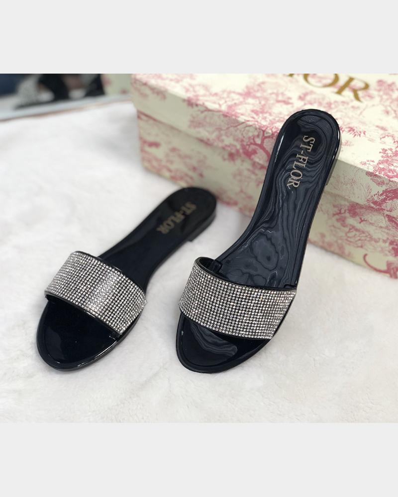 

Jelly Sequins Flat Sandals, Black