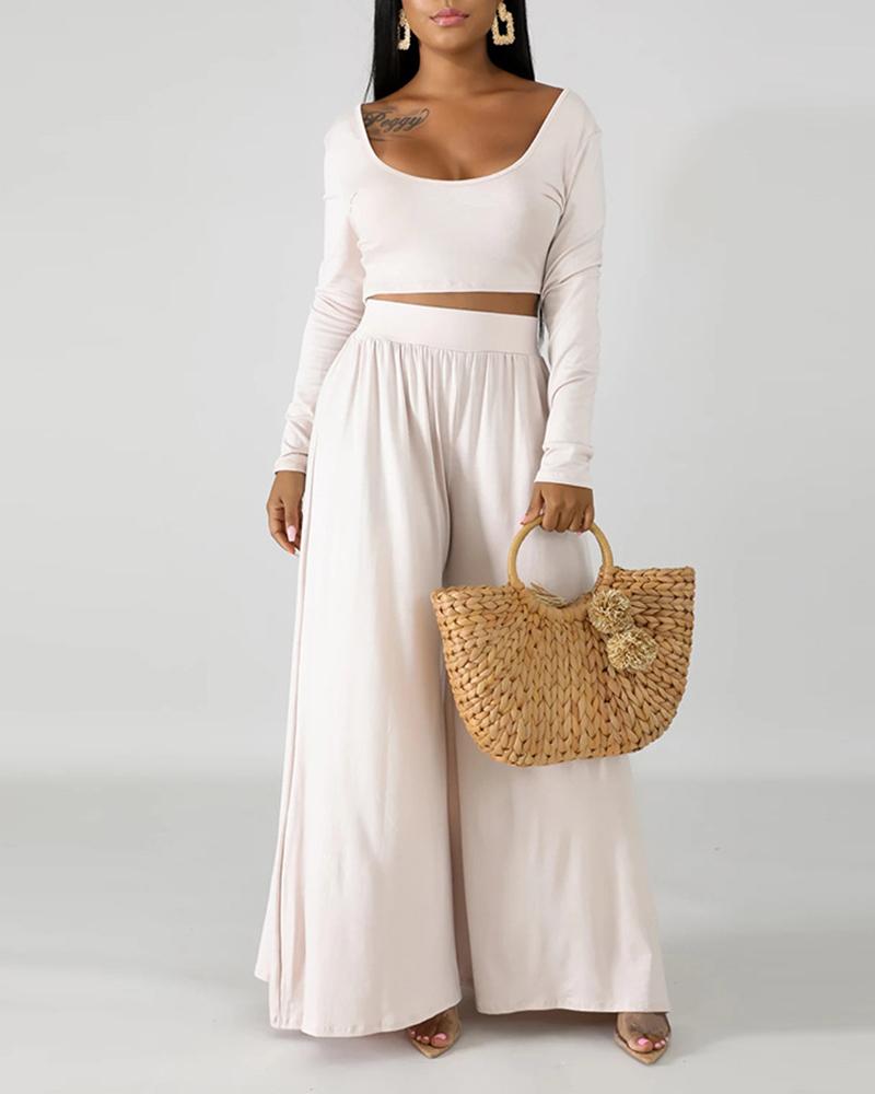 

Long Sleeve Crop Top & High Waist Wide Leg Pants Set, White