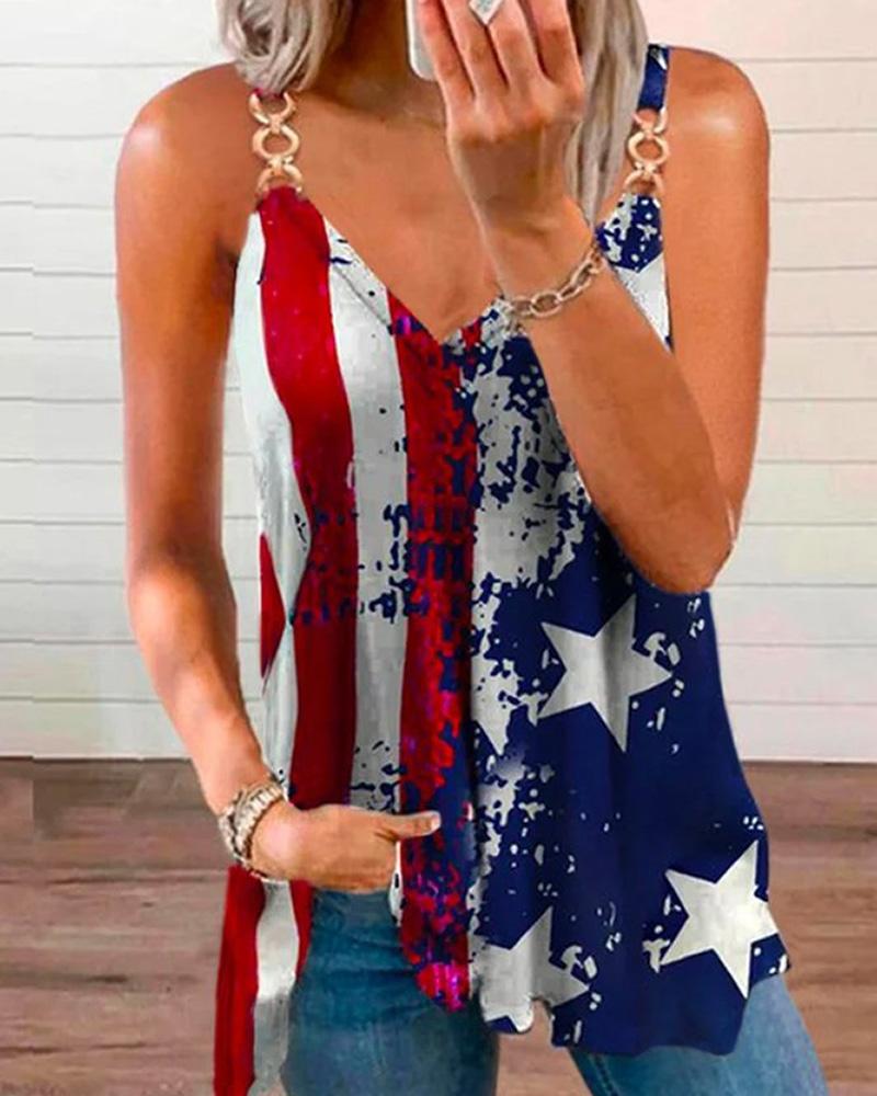 

Flag Print Chain Strap Tank Top, Red