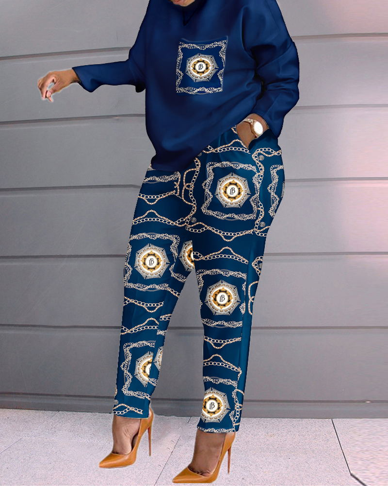 

Chain Scarf Print Long Sleeve Top & Pants Set, Blue