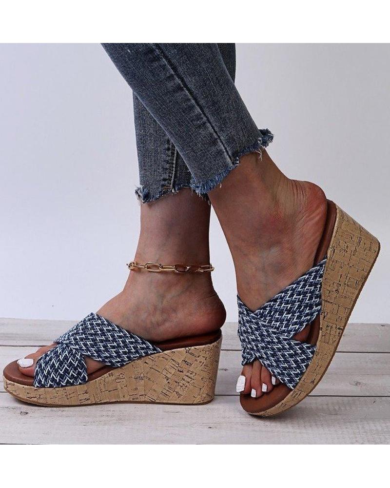

Round-toe Fish Mouth Cross Strap Wedge Flat Slippers, Blue