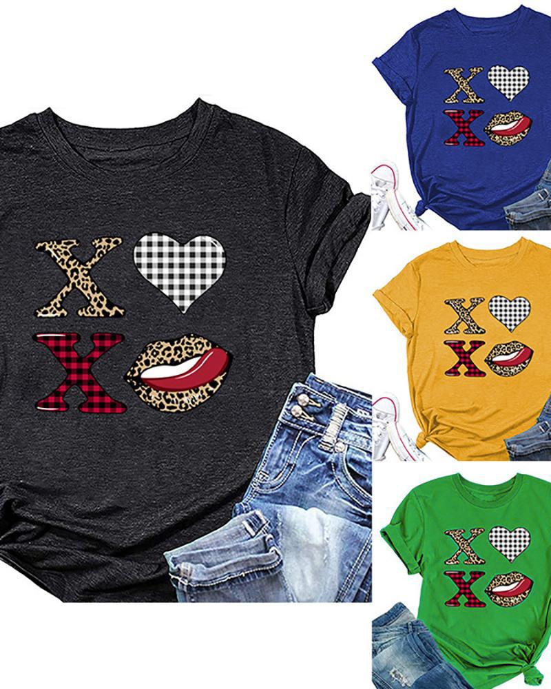 

Valentine' Day Lip Letter Heart Print Short Sleeve T-shirt, Black