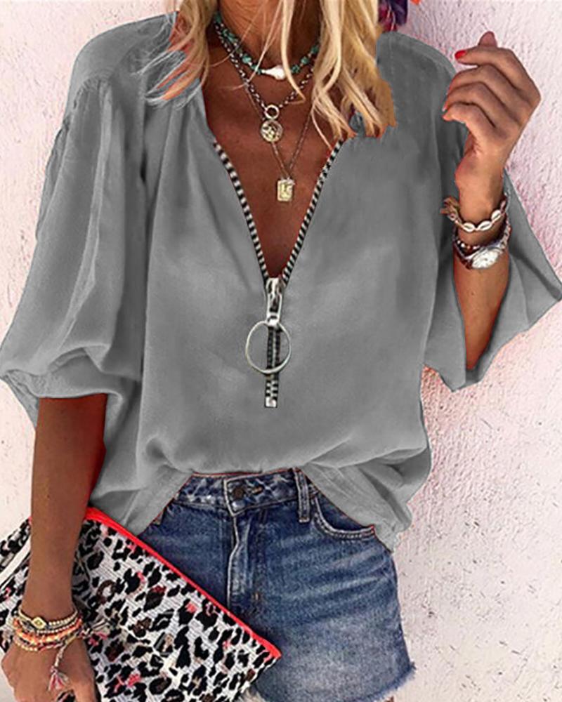 

Lantern Sleeve Zipper Design Casual Top, Gray