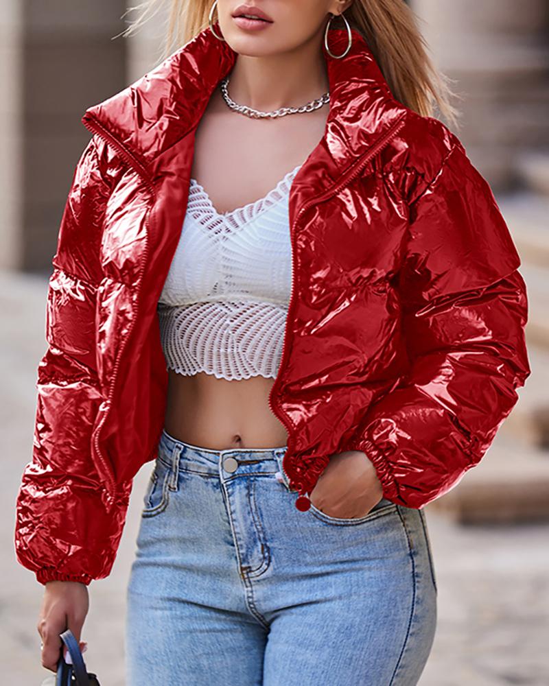 

Zipper Design Long Sleeve High Neck Gilet Puffer Jacket, Red