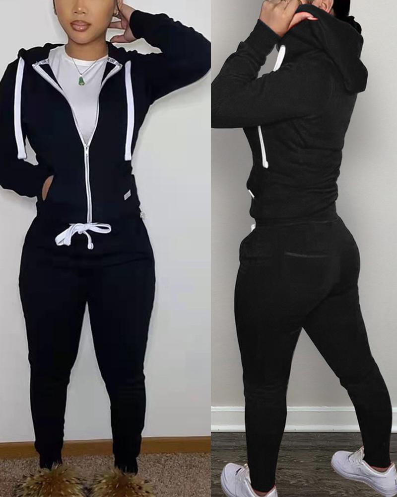

Long Sleeve Zip Up Hooded Top & Drawstring Pants Set, Black