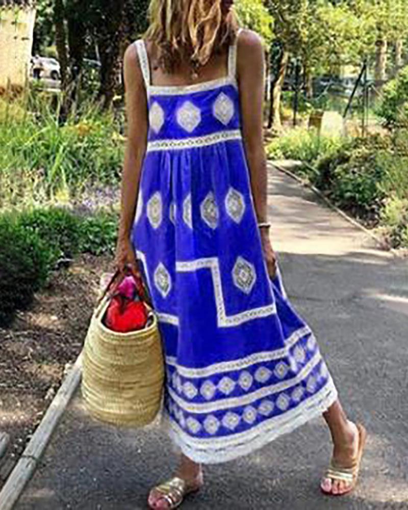 

Geometry Print Colorblock Square Neck Maxi Dress, Dark blue