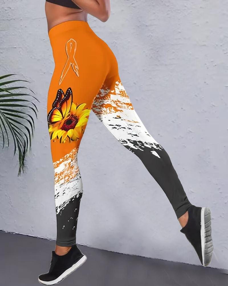 

Sunflower Butterfly Print Colorblock Yoga Pants, Yellow