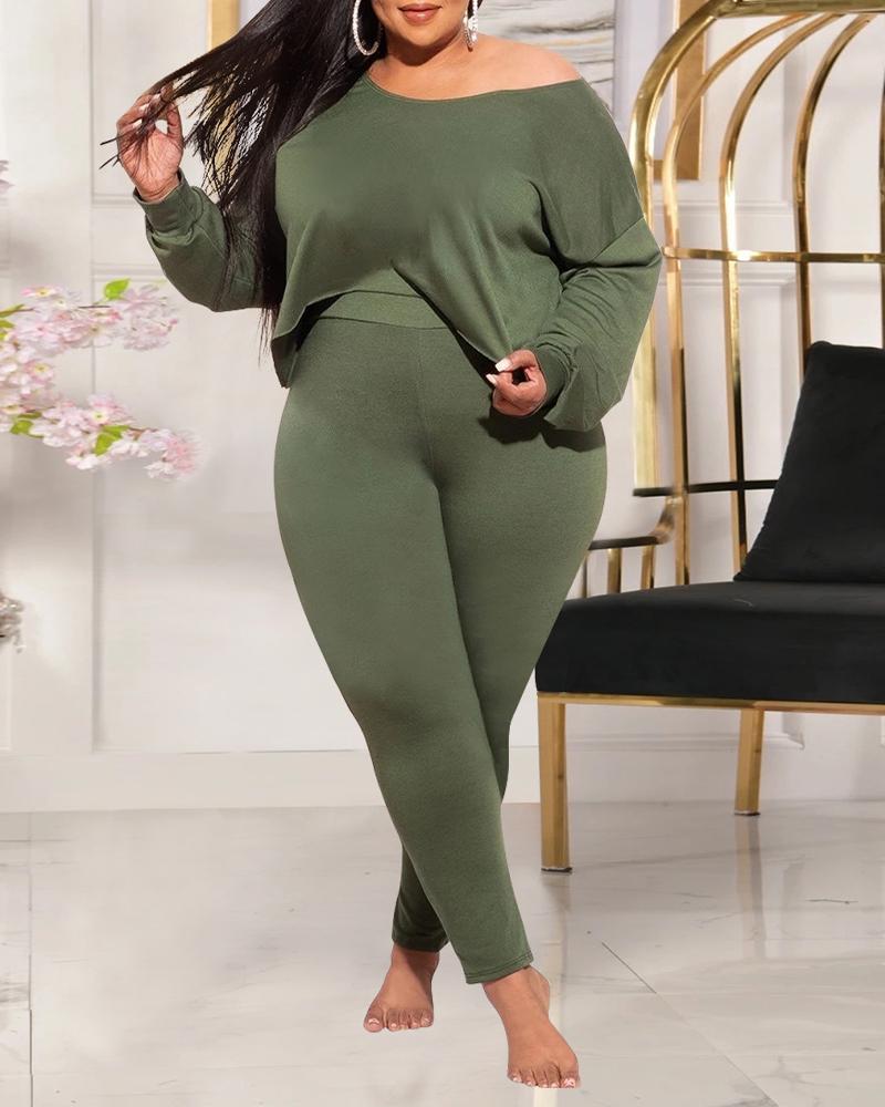 

Plus Size Long Sleeve Asymmetrical Hem Top & Pants Set, Green