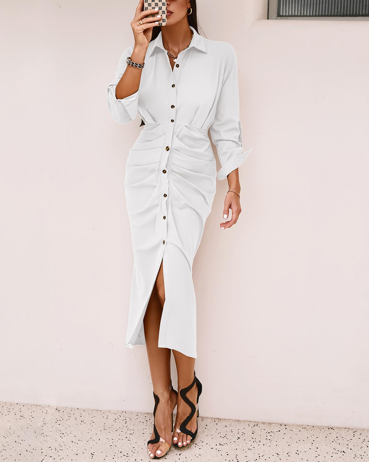 

High Slit Button Front Long Sleeve Shirt Dress, White