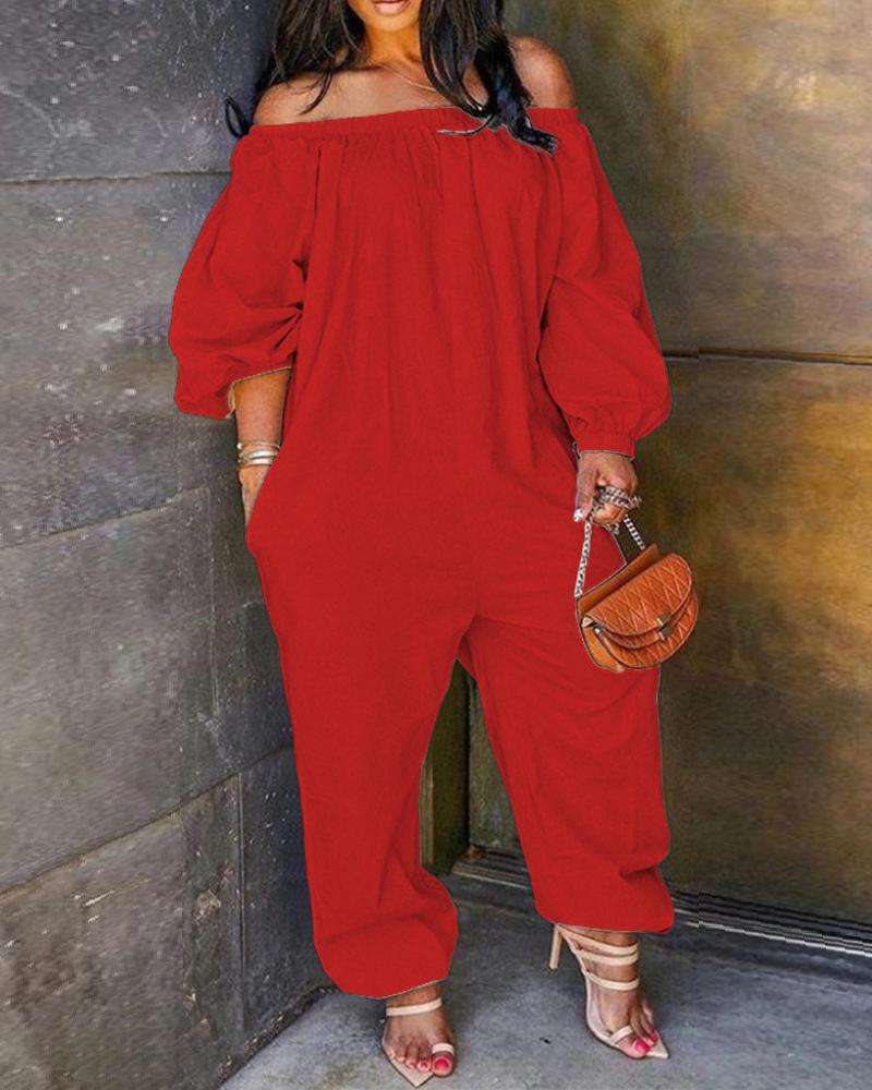

Off Shoulder Pocket Design Lantern Sleeve Jumpsuit, Red