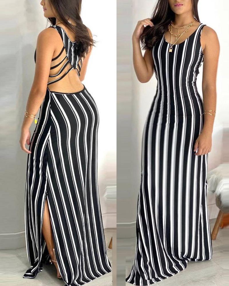 

Striped Sleeveless Cut-out Split Dress, Black