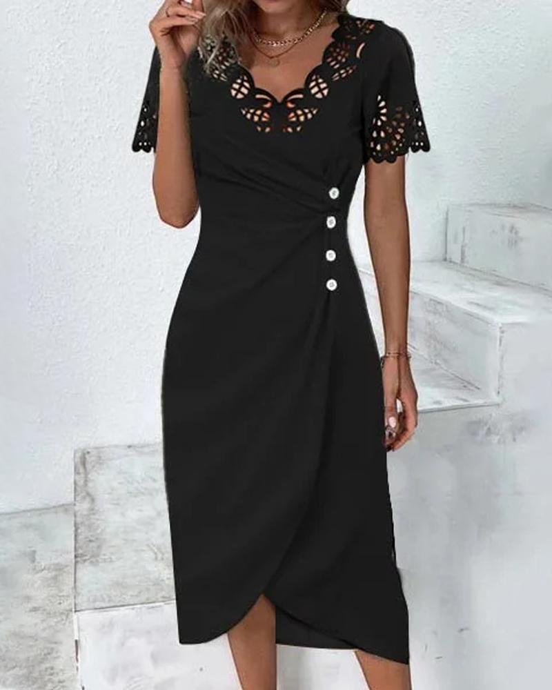 

Lace Patch Ruched Buttoned Casual Dress, Black
