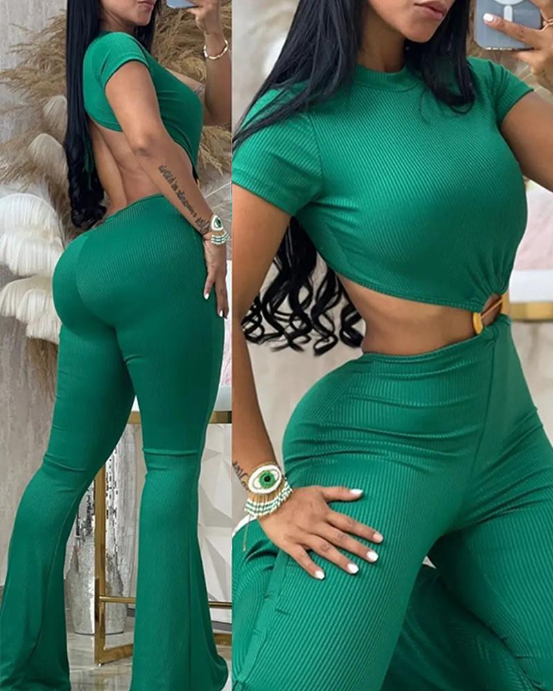 

O-Ring Decor Cutout Short Sleeve Jumpsuit, Green