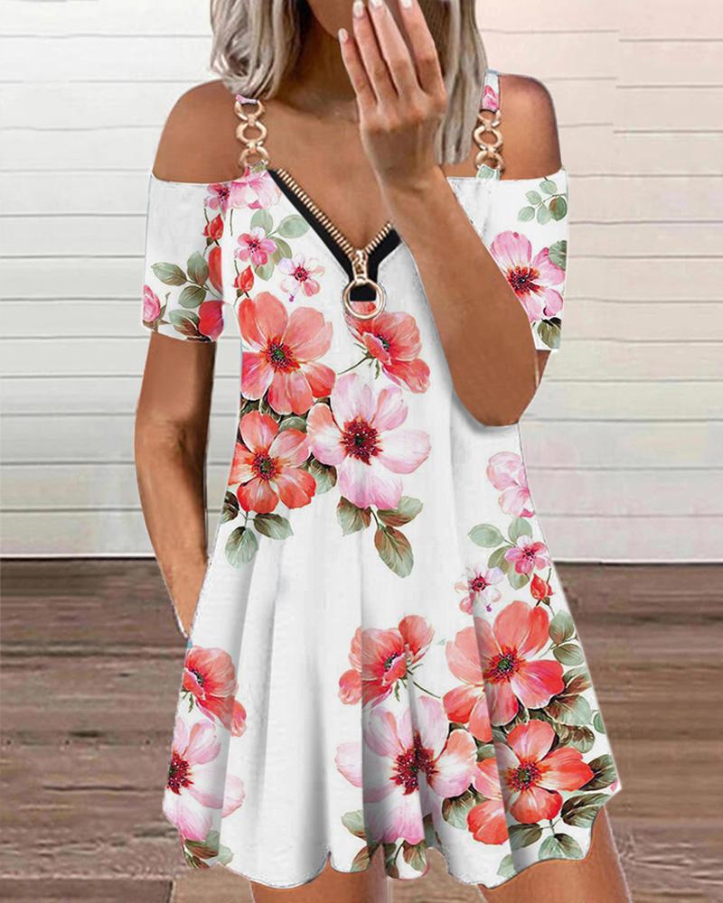 

Ruched Floral Print Cold Shoulder Dress, Red