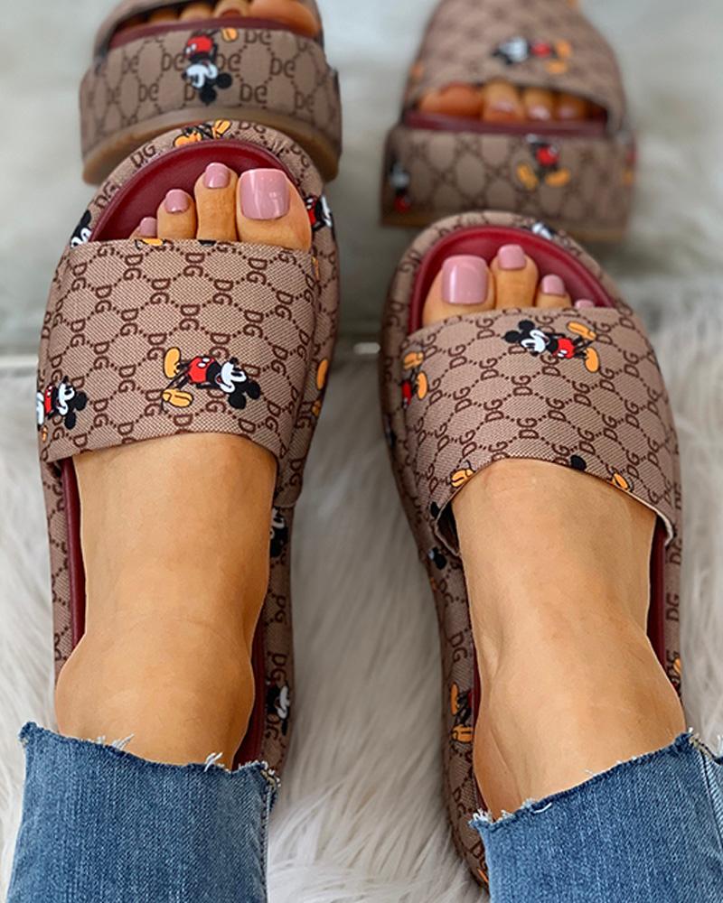 

Cartoon Letter Pattern Peep Toe Flatform Sandals, Khaki