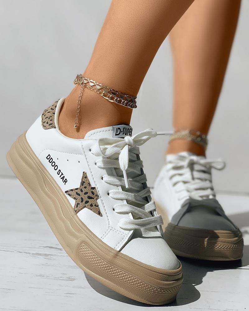 

Cheetah Letter Print Star Pattern Lace-up Sneakers, Khaki