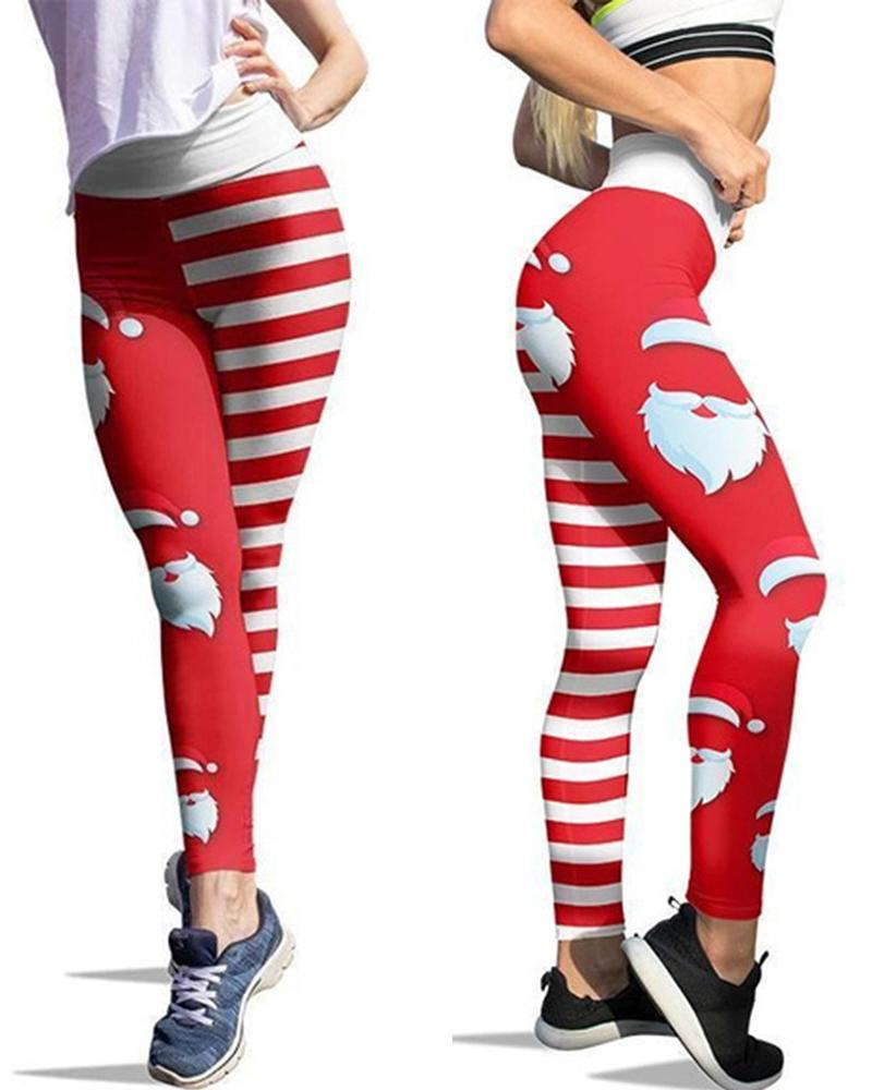 

Christmas Striped Santa Print High Waist Leggings, Red