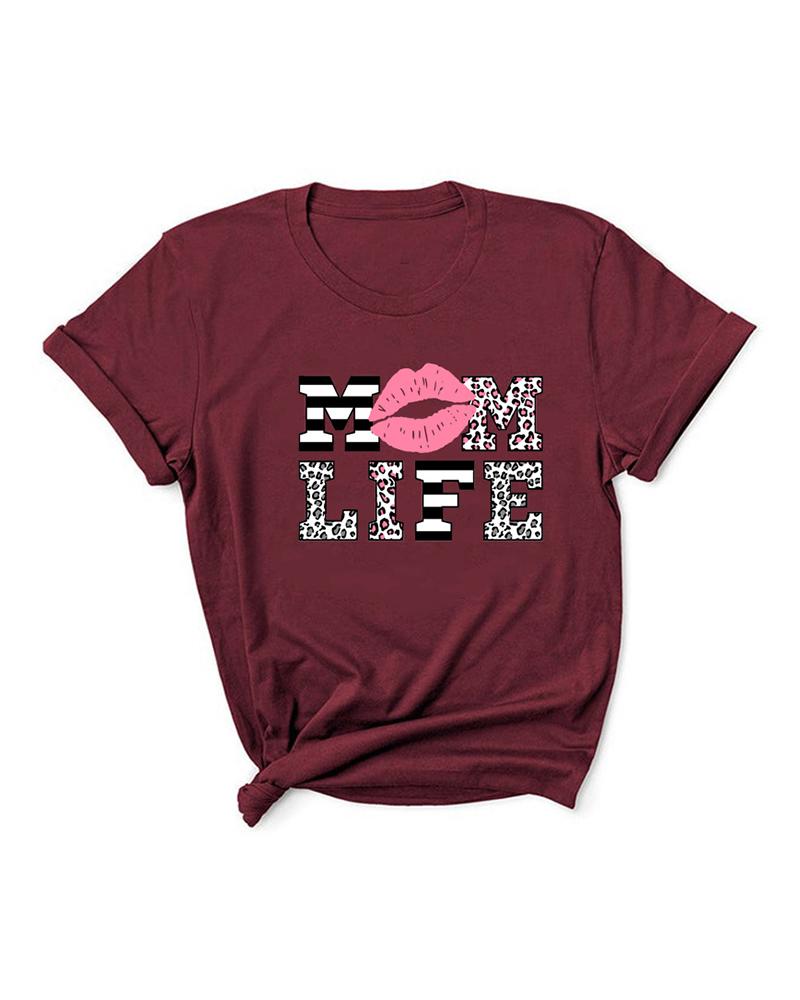 

Mother' Day Lip Letter Cheetah Print Short Sleeve T-Shirt, Wine red