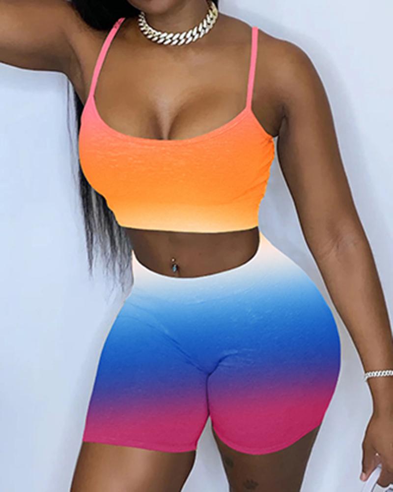 

Tie Dye Sleeveless Skinny Tanks With Mini Skirts Suit Sets, Orange