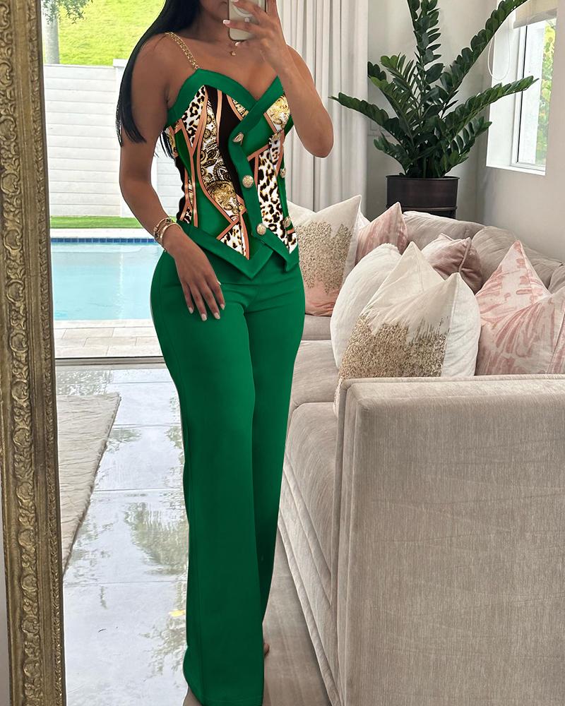 

Conjunto de blusa cami com estampa de leopardo barroco e calças de perna reta, Green