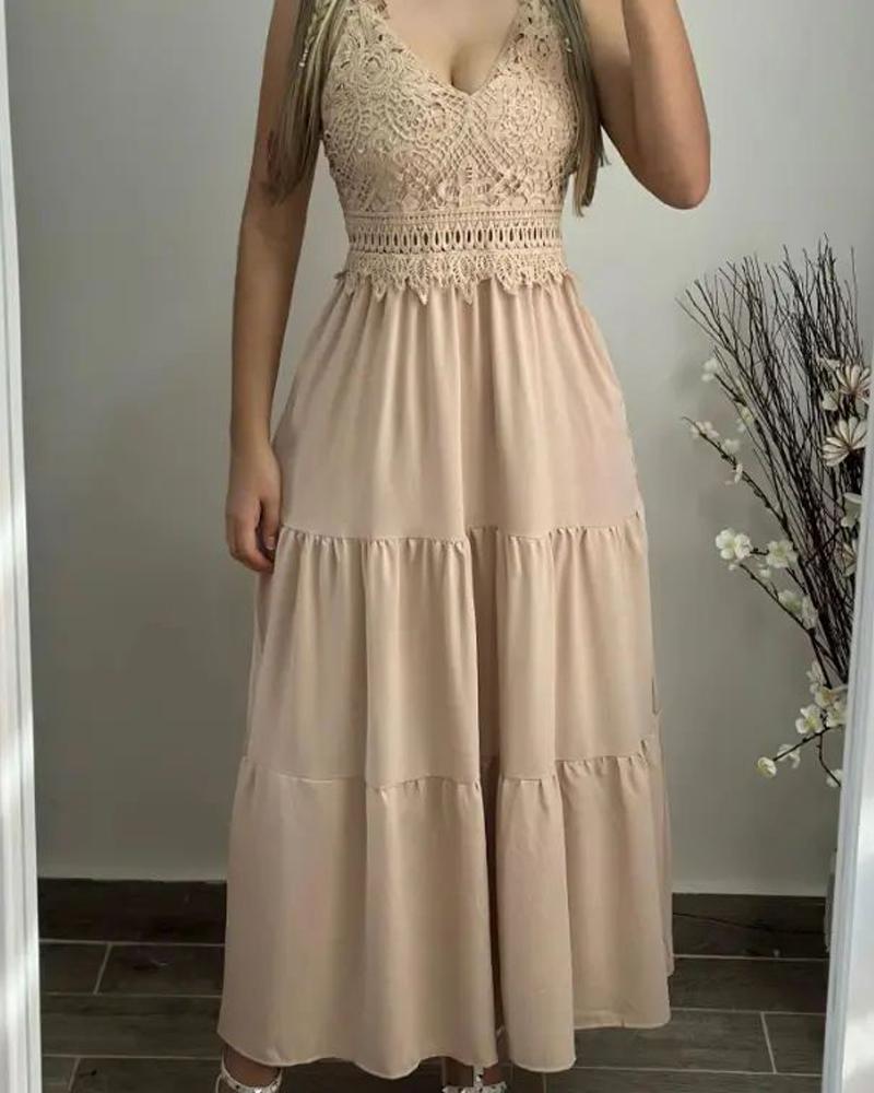 

V-Neck Contrast Lace Smock Dress, Khaki