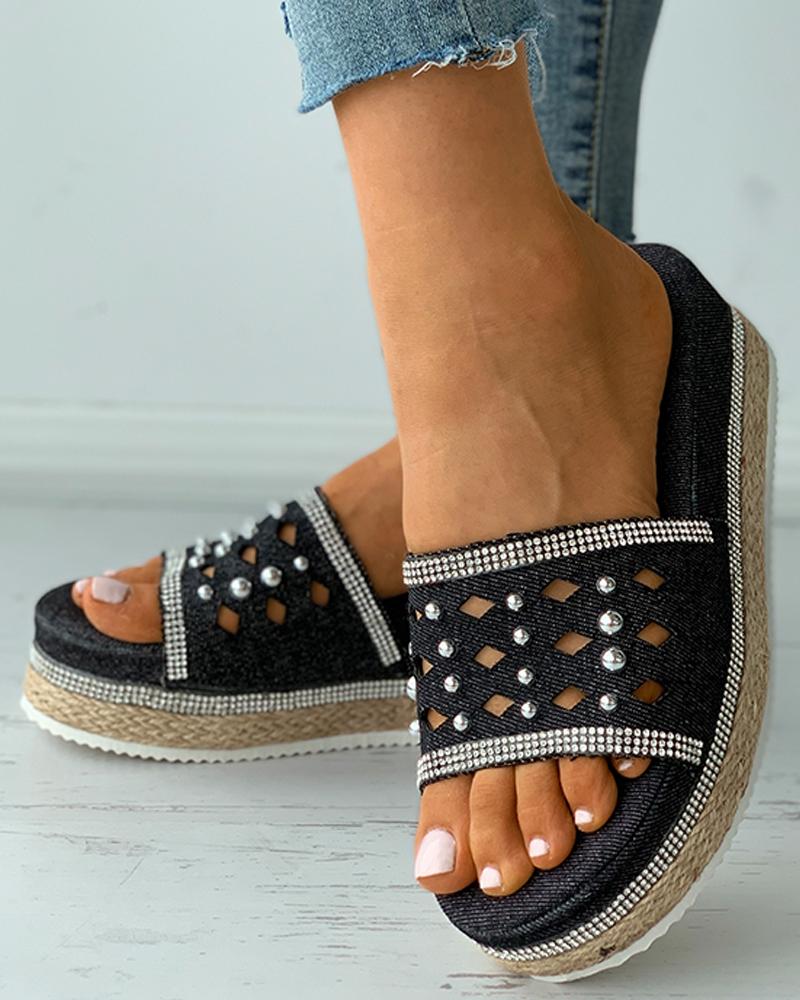 

Studded Rivet Decor Cutout Denim Espadrille Slippers, Black
